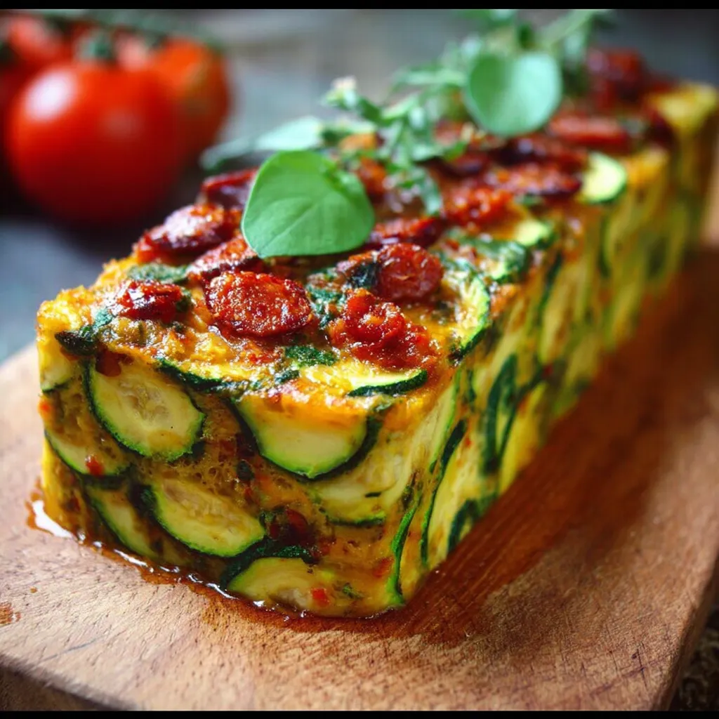 Terrine de courgettes au chorizo présentée en tranches sur une planche en bois avec salade verte