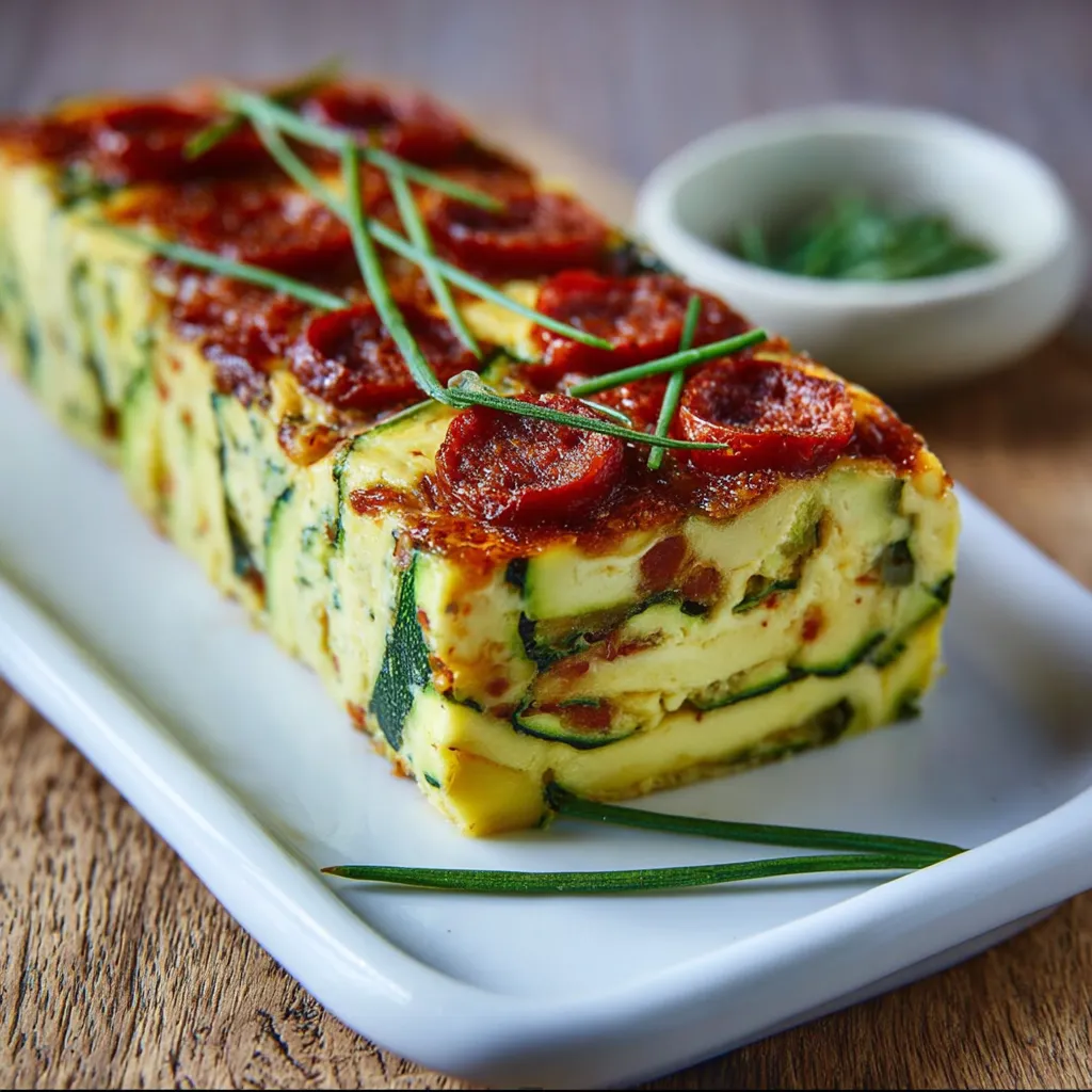 Terrine de courgettes au chorizo présentée en tranches sur une planche en bois avec salade verte