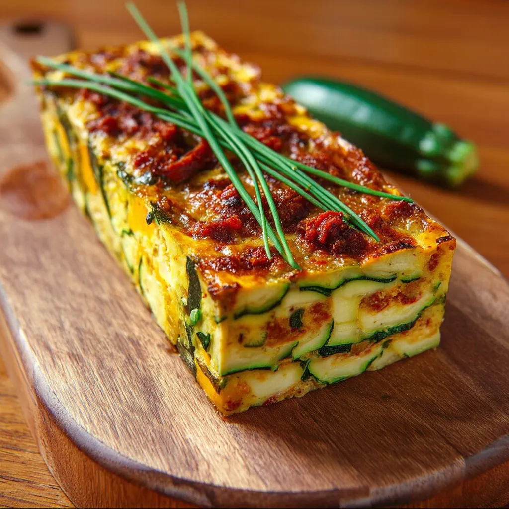 Terrine de courgettes au chorizo présentée en tranches sur une planche en bois avec salade verte