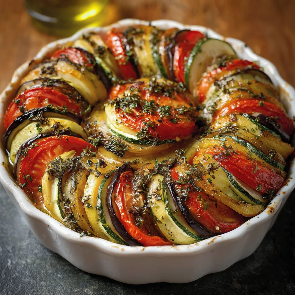 Tian Provençal aux légumes d’été parfaitement rangés dans un plat à gratin