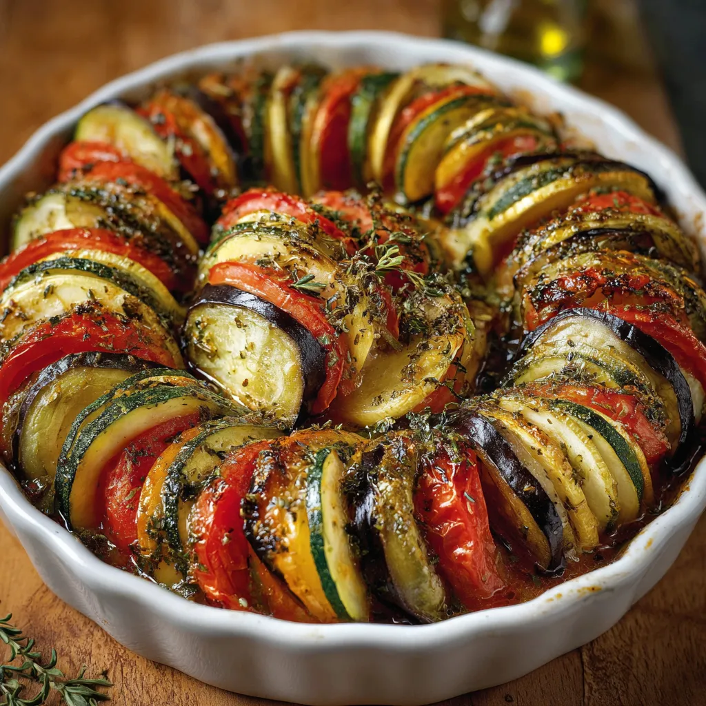 Tian Provençal aux légumes d’été parfaitement rangés dans un plat à gratin