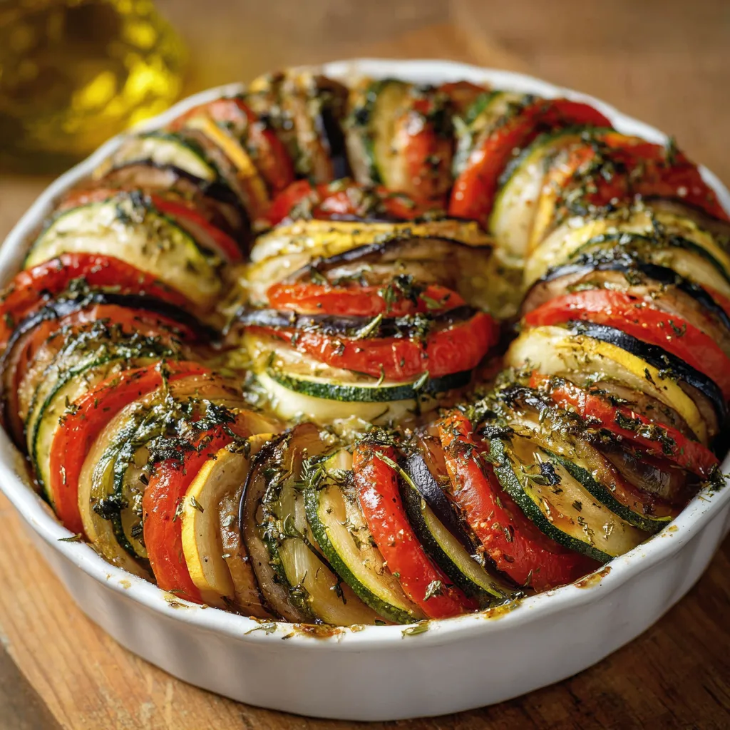 Tian Provençal aux légumes d’été parfaitement rangés dans un plat à gratin