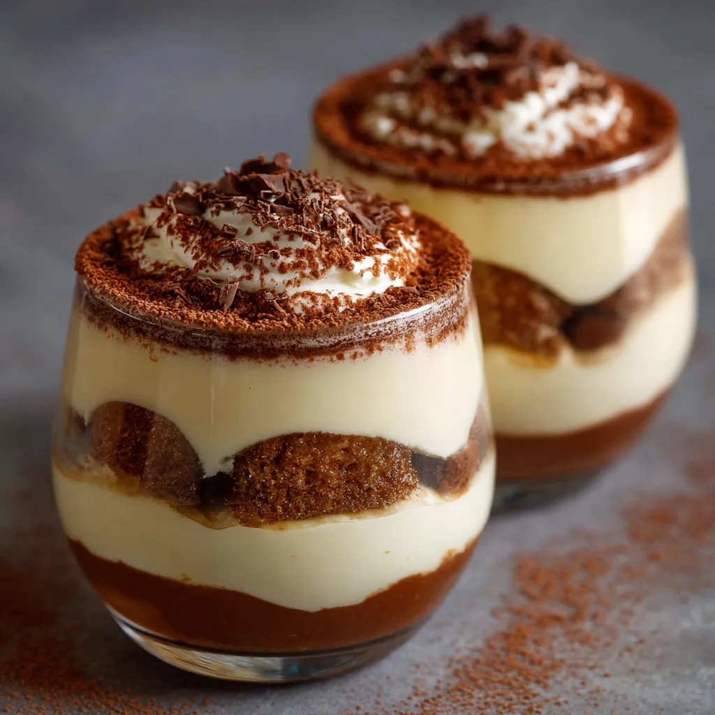 Tiramisu Kinder Bueno monté en verrine avec cacao en poudre sur le dessus