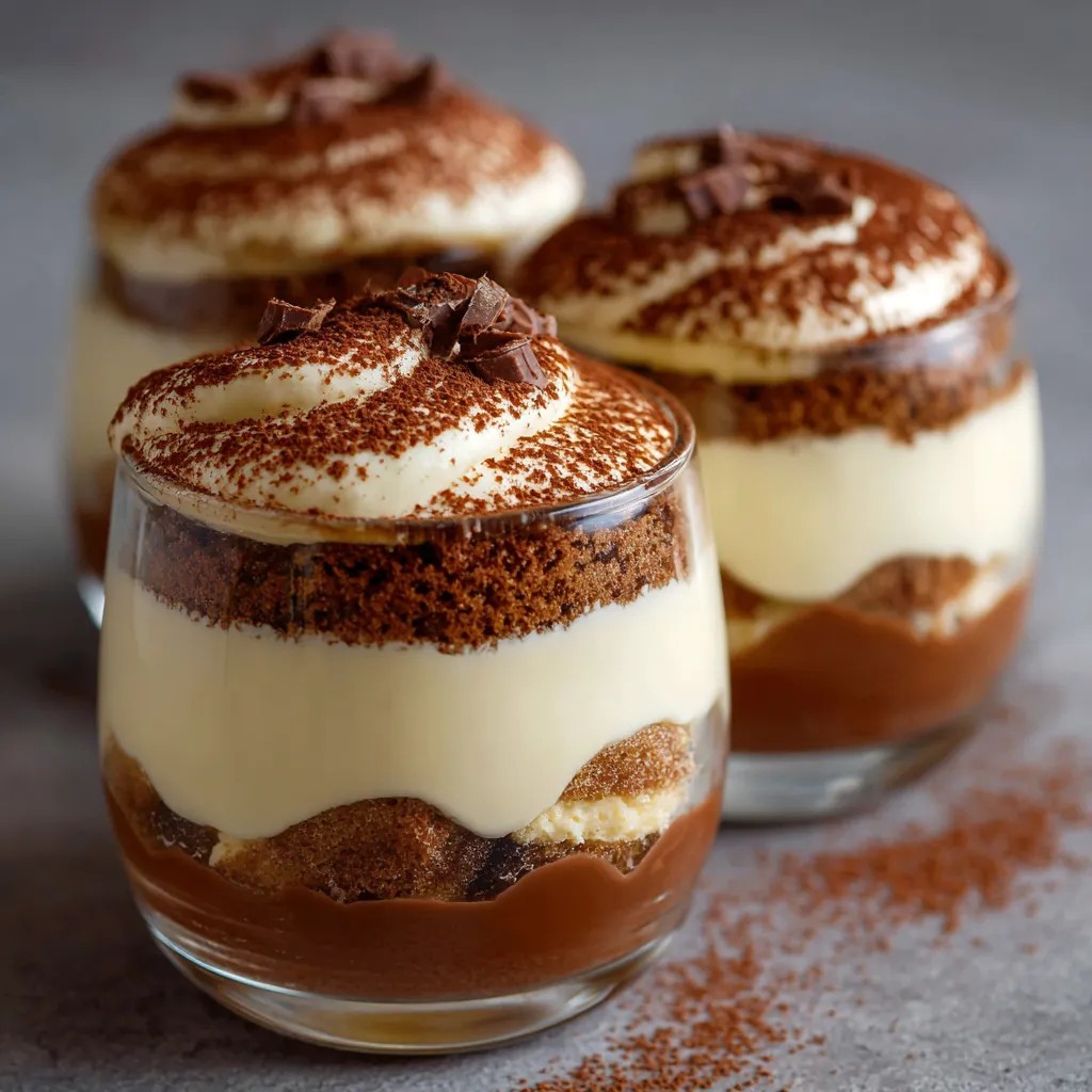 Tiramisu Kinder Bueno monté en verrine avec cacao en poudre sur le dessus