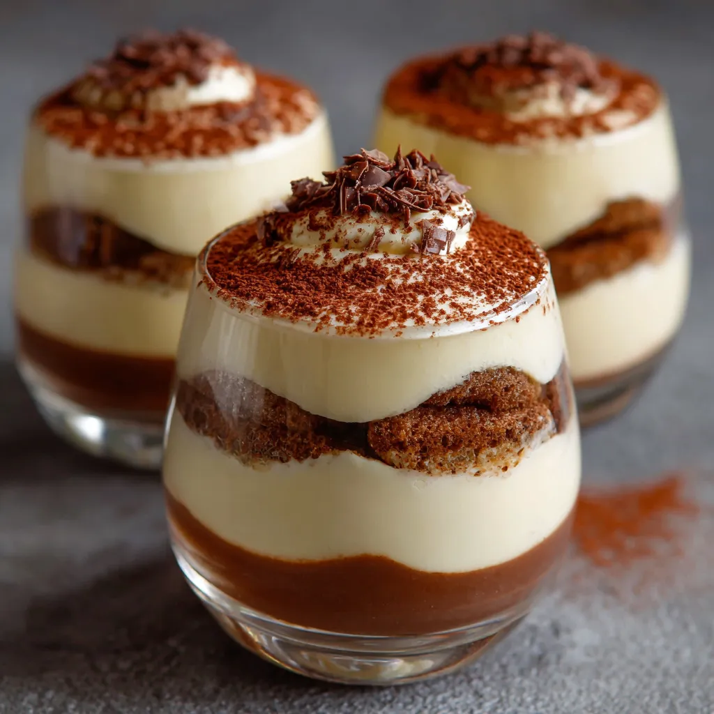 Tiramisu Kinder Bueno monté en verrine avec cacao en poudre sur le dessus