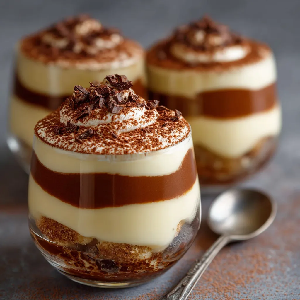 Tiramisu Kinder Bueno monté en verrine avec cacao en poudre sur le dessus