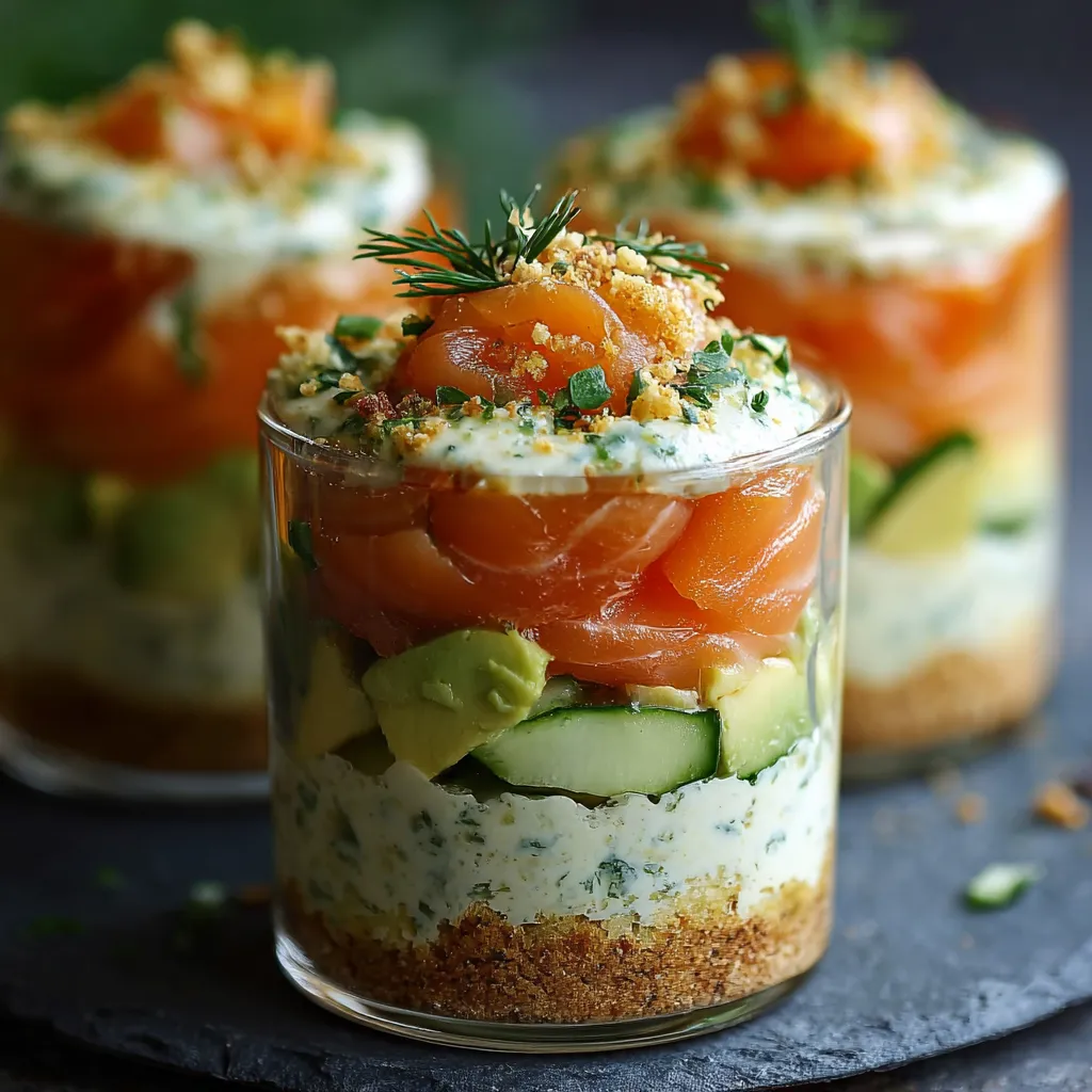 Verrine de tiramisu salé avec courgettes, saumon fumé et crème au fromage frais