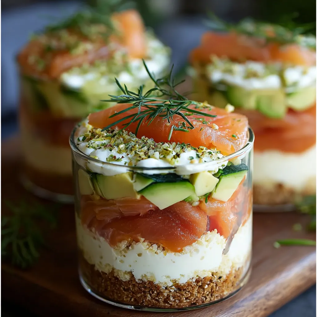 Verrine de tiramisu salé avec courgettes, saumon fumé et crème au fromage frais