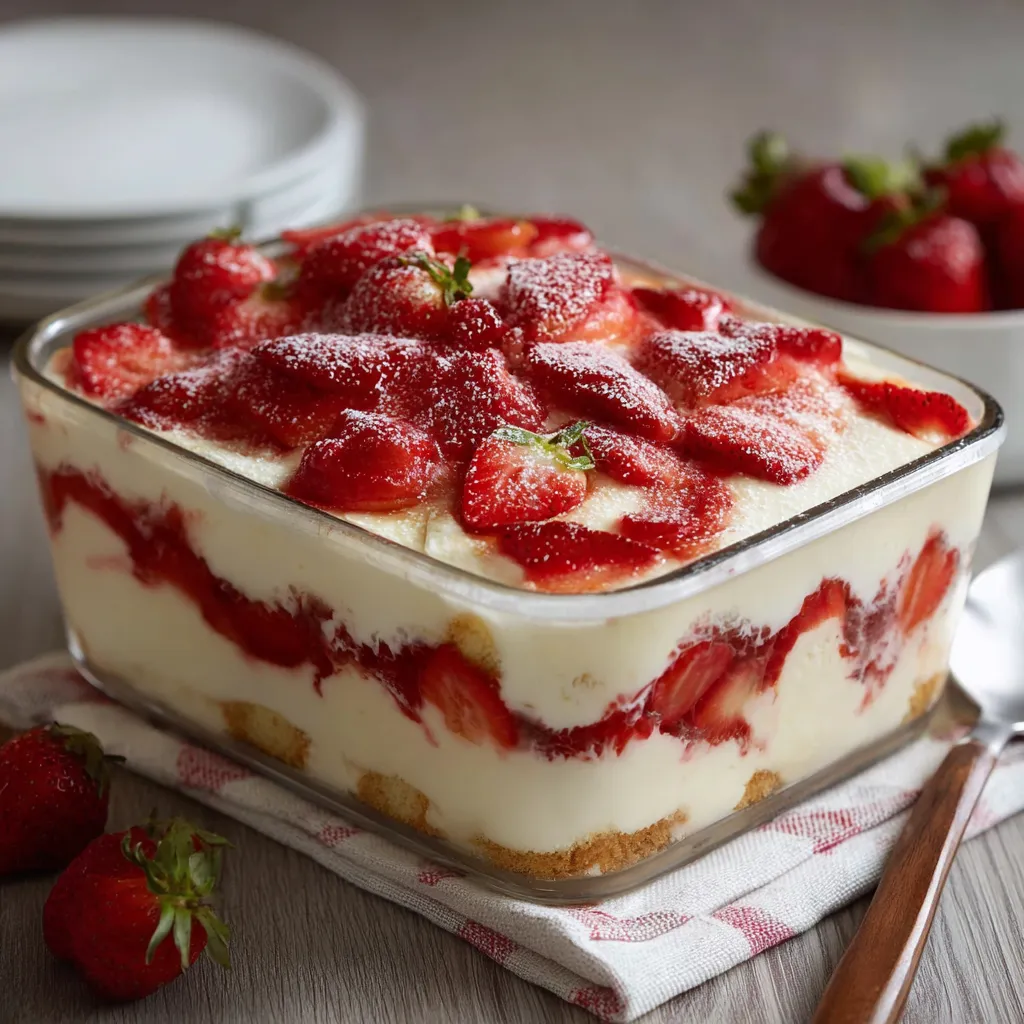 Tiramisu aux fraises dressé en verrines avec des fraises fraîches et crème mascarpone