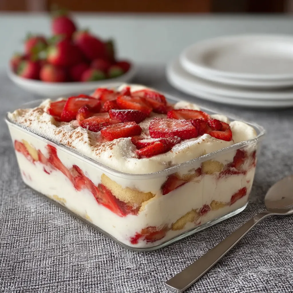 Tiramisu aux fraises dressé en verrines avec des fraises fraîches et crème mascarpone