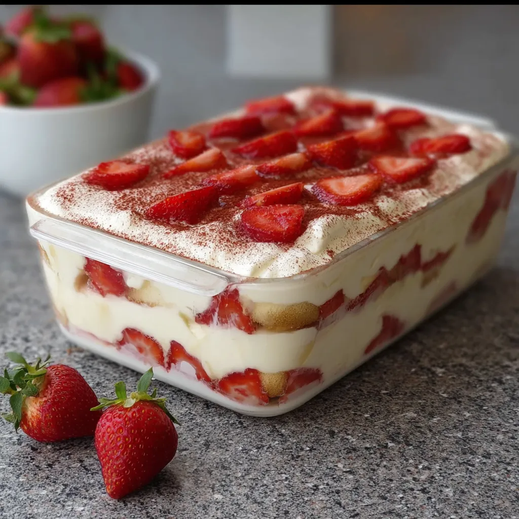 Tiramisu aux fraises dressé en verrines avec des fraises fraîches et crème mascarpone