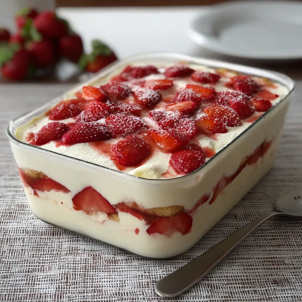 Tiramisu aux fraises dressé en verrines avec des fraises fraîches et crème mascarpone