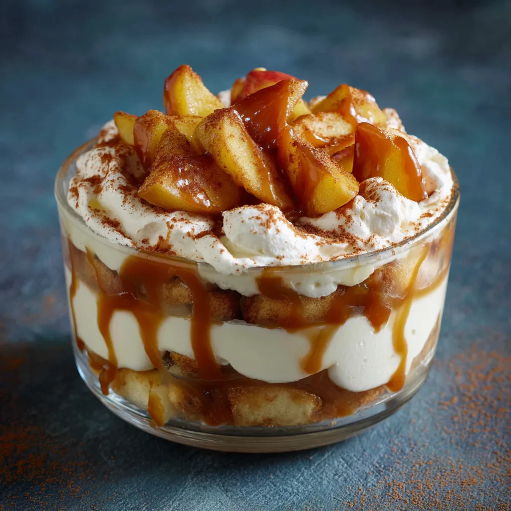 Verrine de tiramisu au caramel beurre salé et pommes caramélisées en couches.
