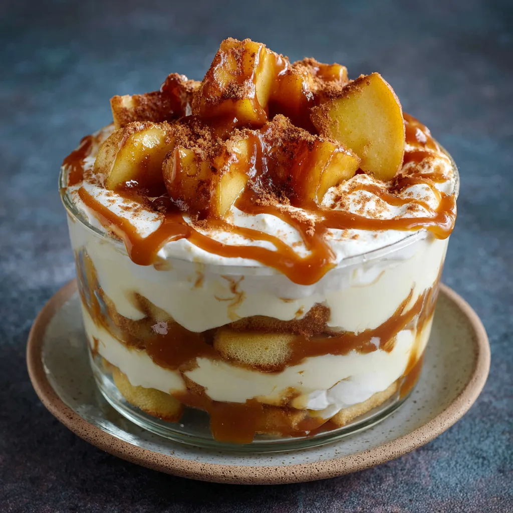 Verrine de tiramisu au caramel beurre salé et pommes caramélisées en couches.