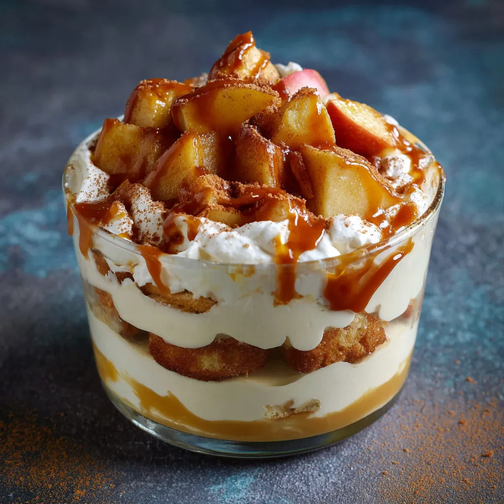 Verrine de tiramisu au caramel beurre salé et pommes caramélisées en couches.