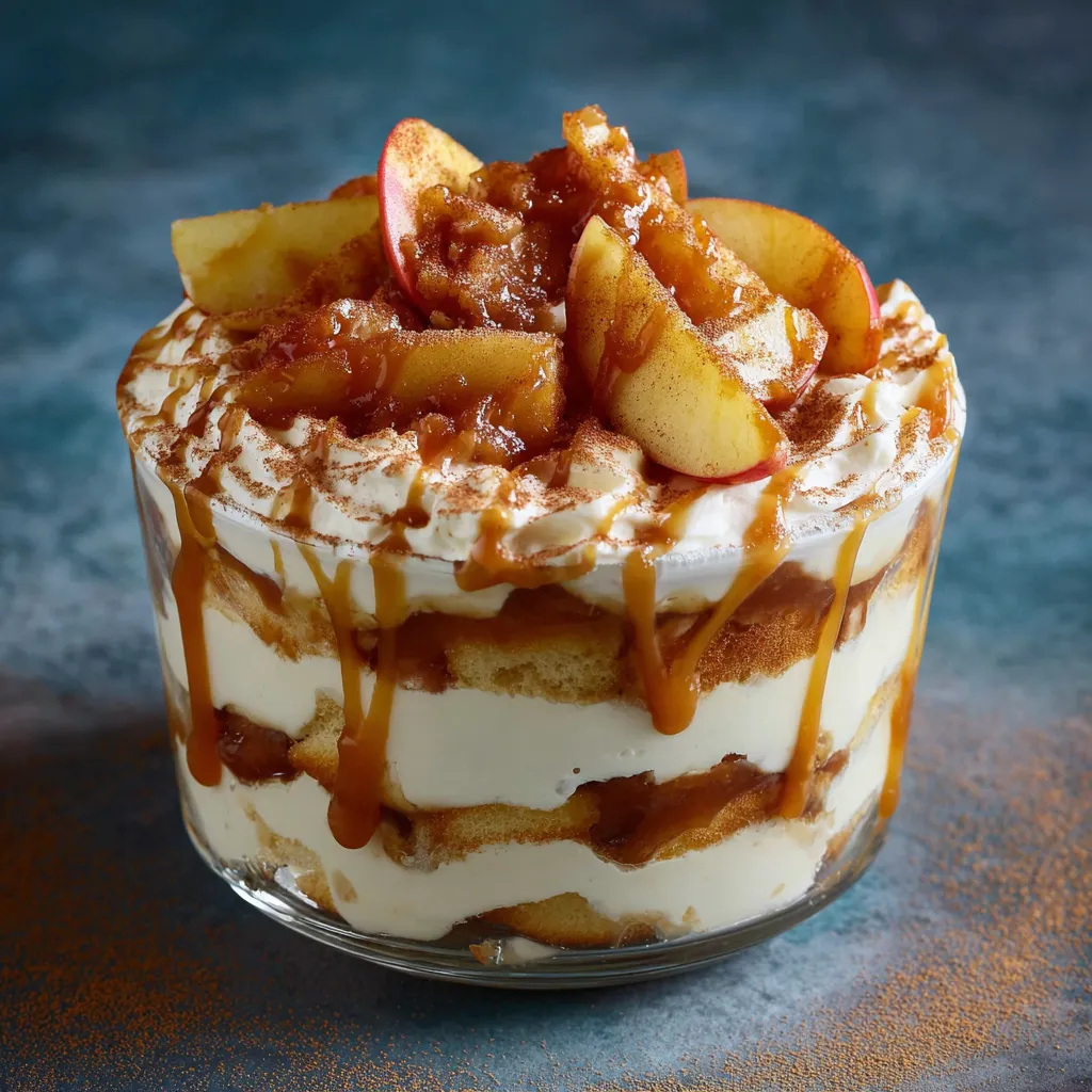 Verrine de tiramisu au caramel beurre salé et pommes caramélisées en couches.