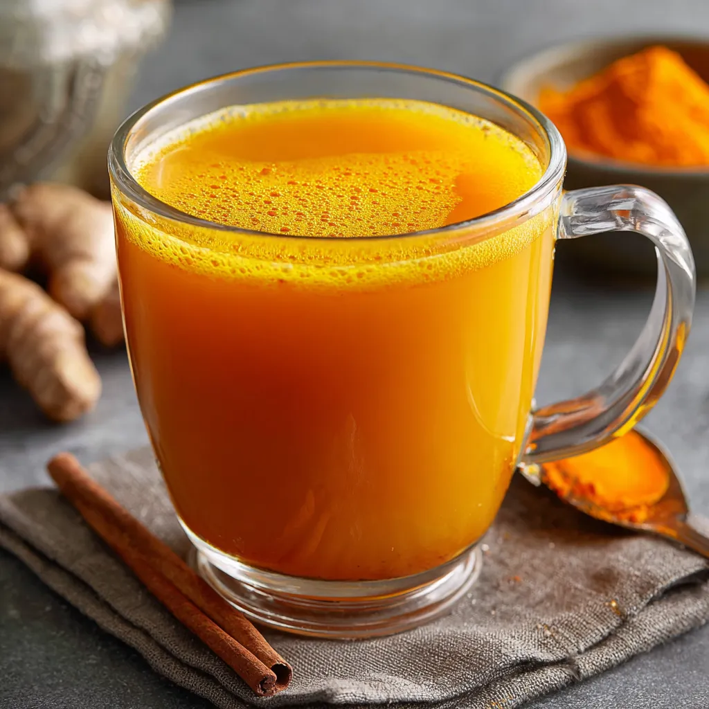 Tasse de tisane dorée au curcuma, citron et gingembre sur une table en bois