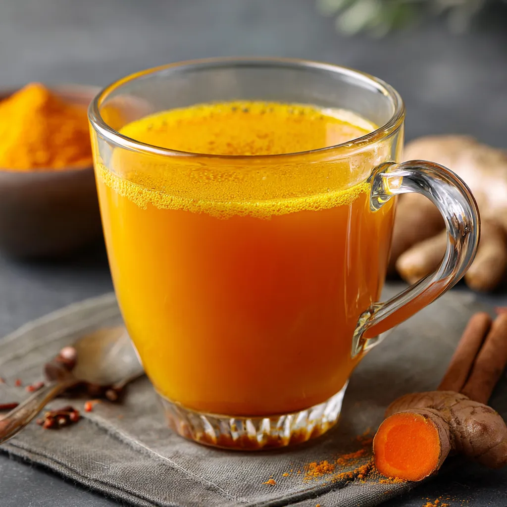 Tasse de tisane dorée au curcuma, citron et gingembre sur une table en bois