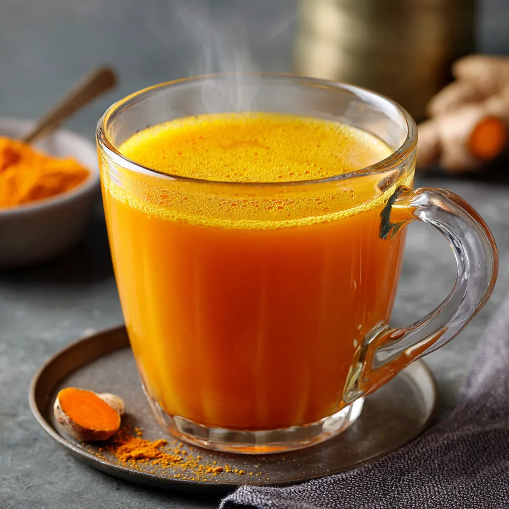 Tasse de tisane dorée au curcuma, citron et gingembre sur une table en bois