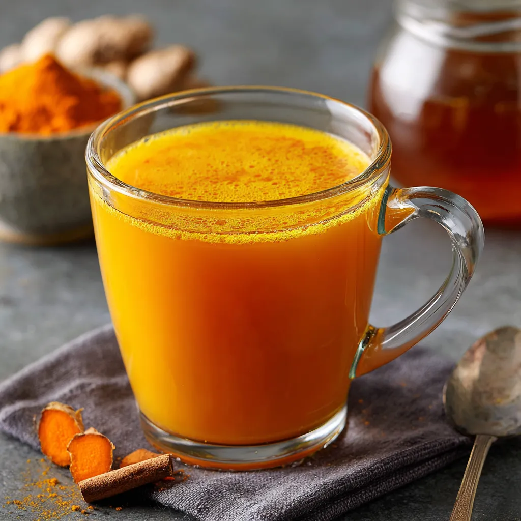 Tasse de tisane dorée au curcuma, citron et gingembre sur une table en bois