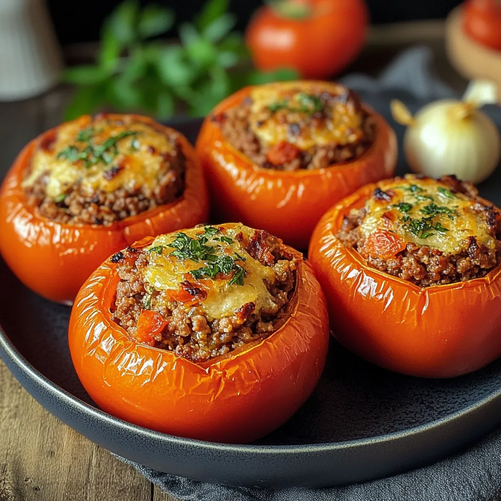 Tomates farcies à l’ancienne sorties du four avec leur chapeau, prêtes à être servies