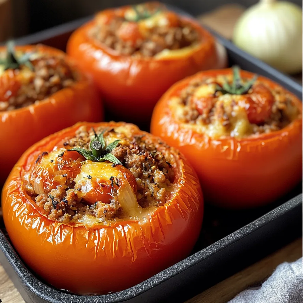 Tomates farcies à l’ancienne sorties du four avec leur chapeau, prêtes à être servies