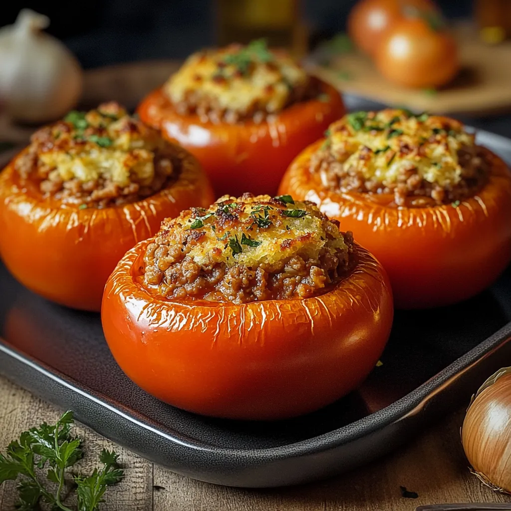 Tomates farcies à l’ancienne sorties du four avec leur chapeau, prêtes à être servies