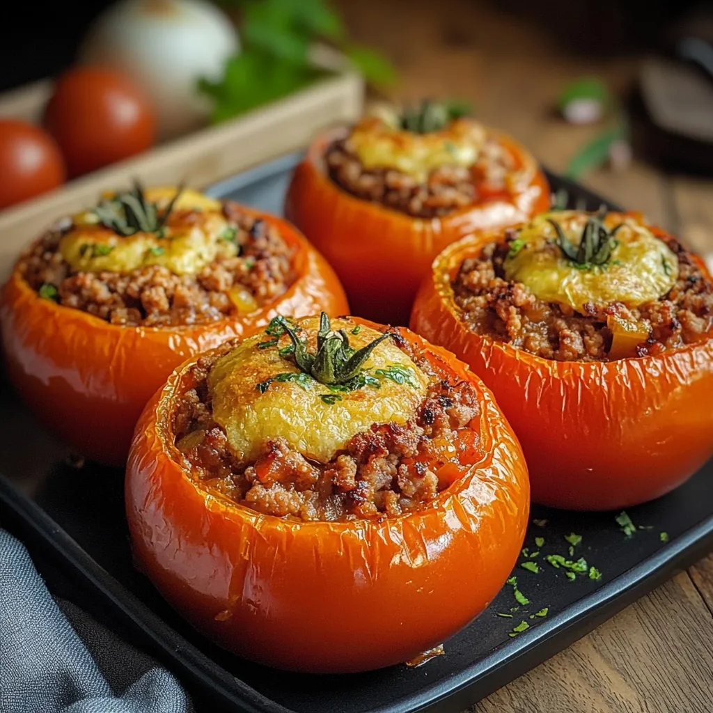 Tomates farcies à l’ancienne sorties du four avec leur chapeau, prêtes à être servies