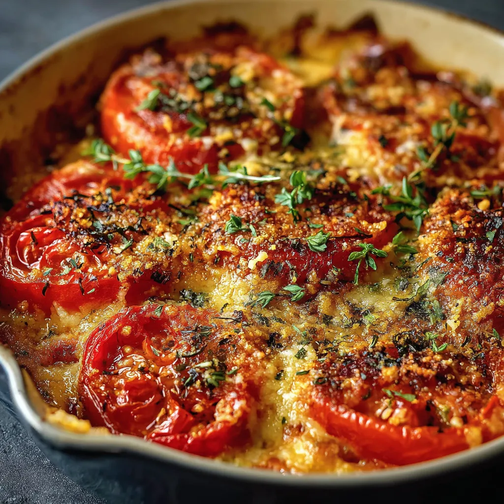Tomates gratinées au parmesan dorées et croustillantes, servies sur une plaque de cuisson avec herbes fraîches