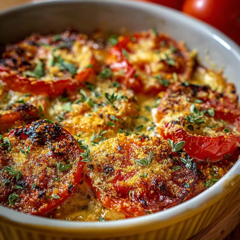 Tomates gratinées au parmesan dorées et croustillantes, servies sur une plaque de cuisson avec herbes fraîches