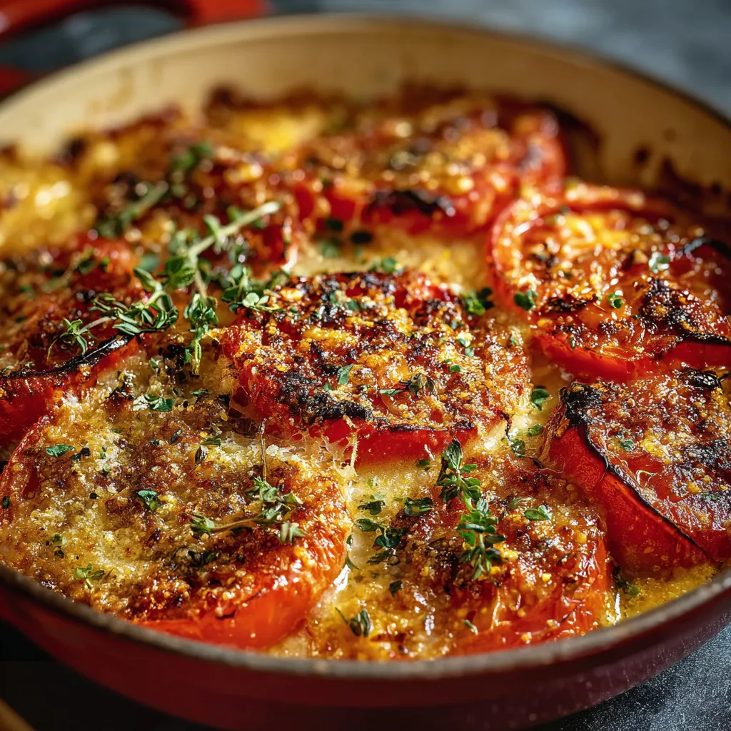 Tomates gratinées au parmesan dorées et croustillantes, servies sur une plaque de cuisson avec herbes fraîches