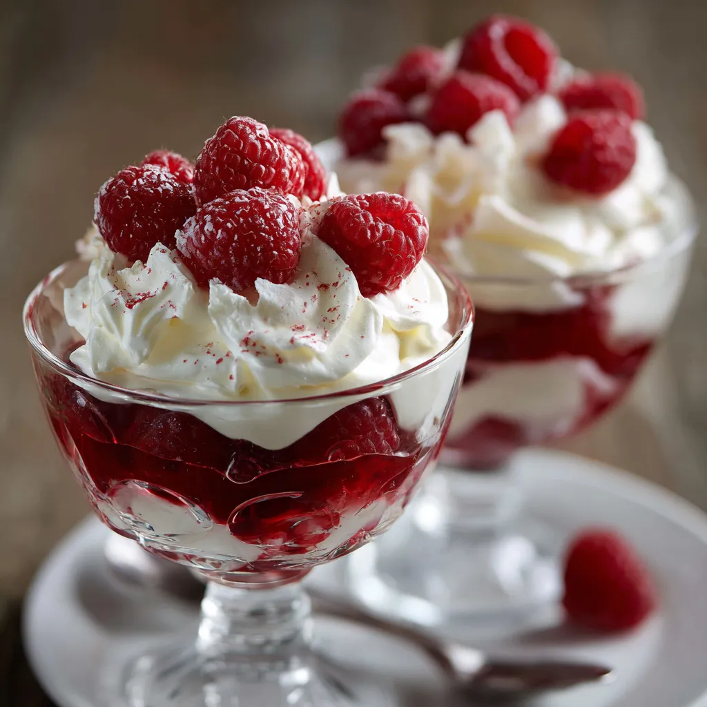 Verrine de framboises fraîches, crème mascarpone et éclats de meringue, servie dans un verre transparent.