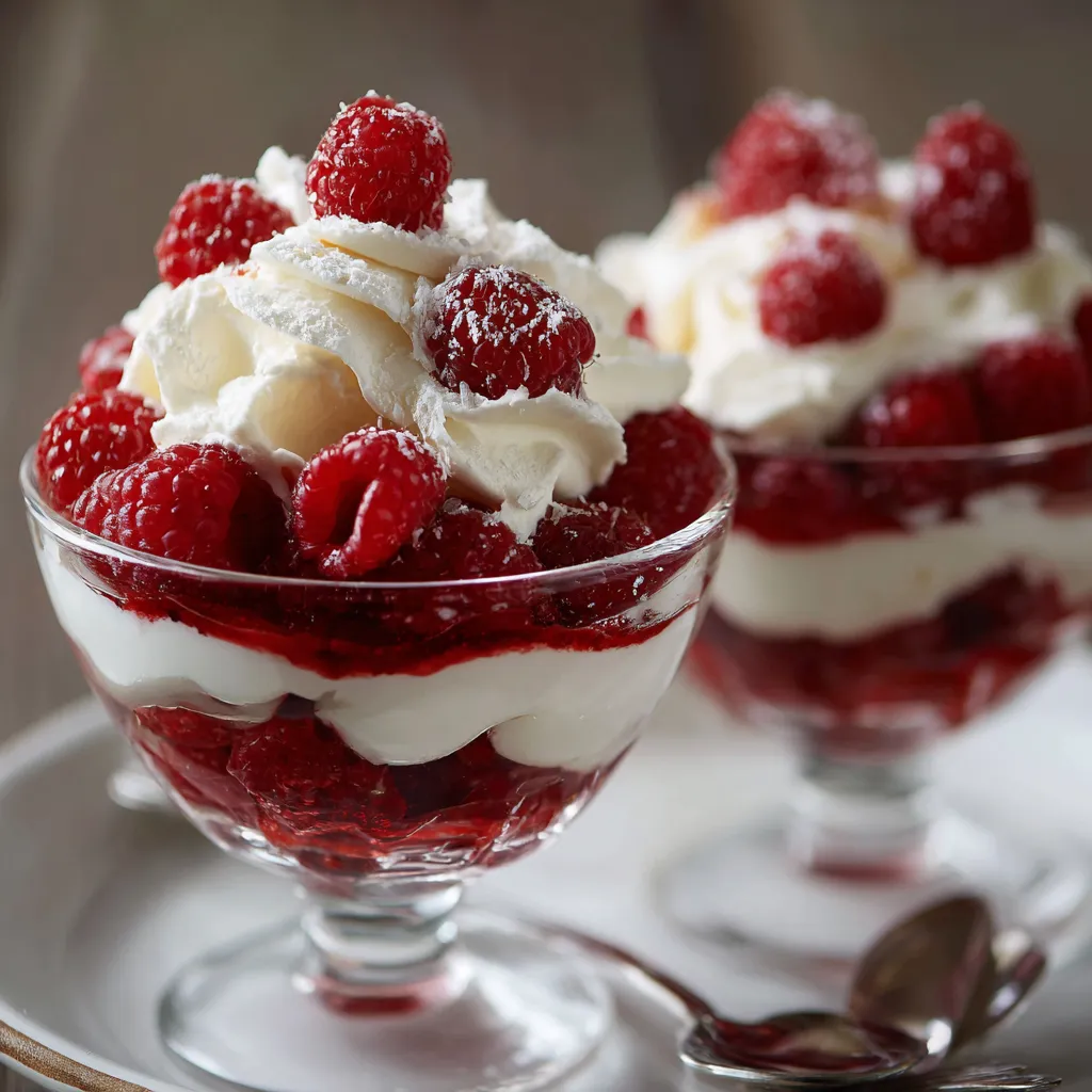 Verrine de framboises fraîches, crème mascarpone et éclats de meringue, servie dans un verre transparent.