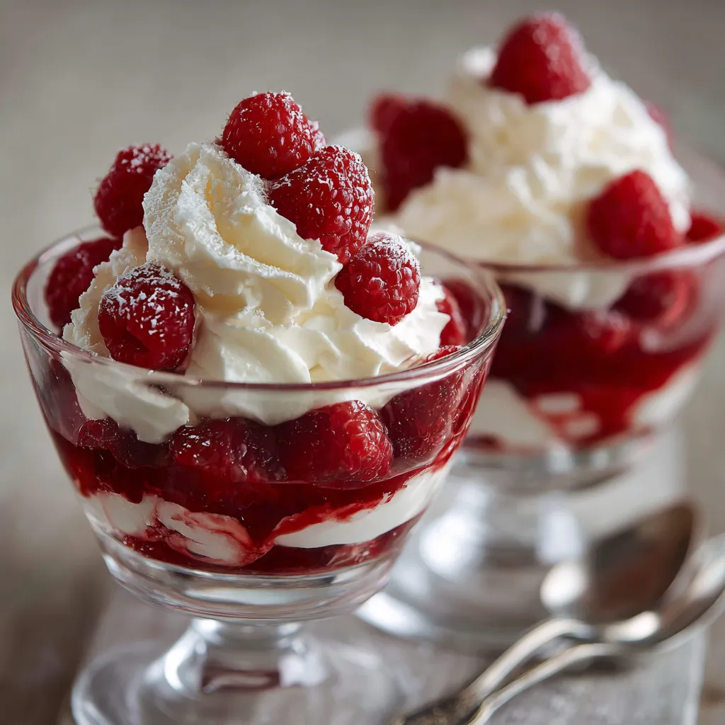 Verrine de framboises fraîches, crème mascarpone et éclats de meringue, servie dans un verre transparent.