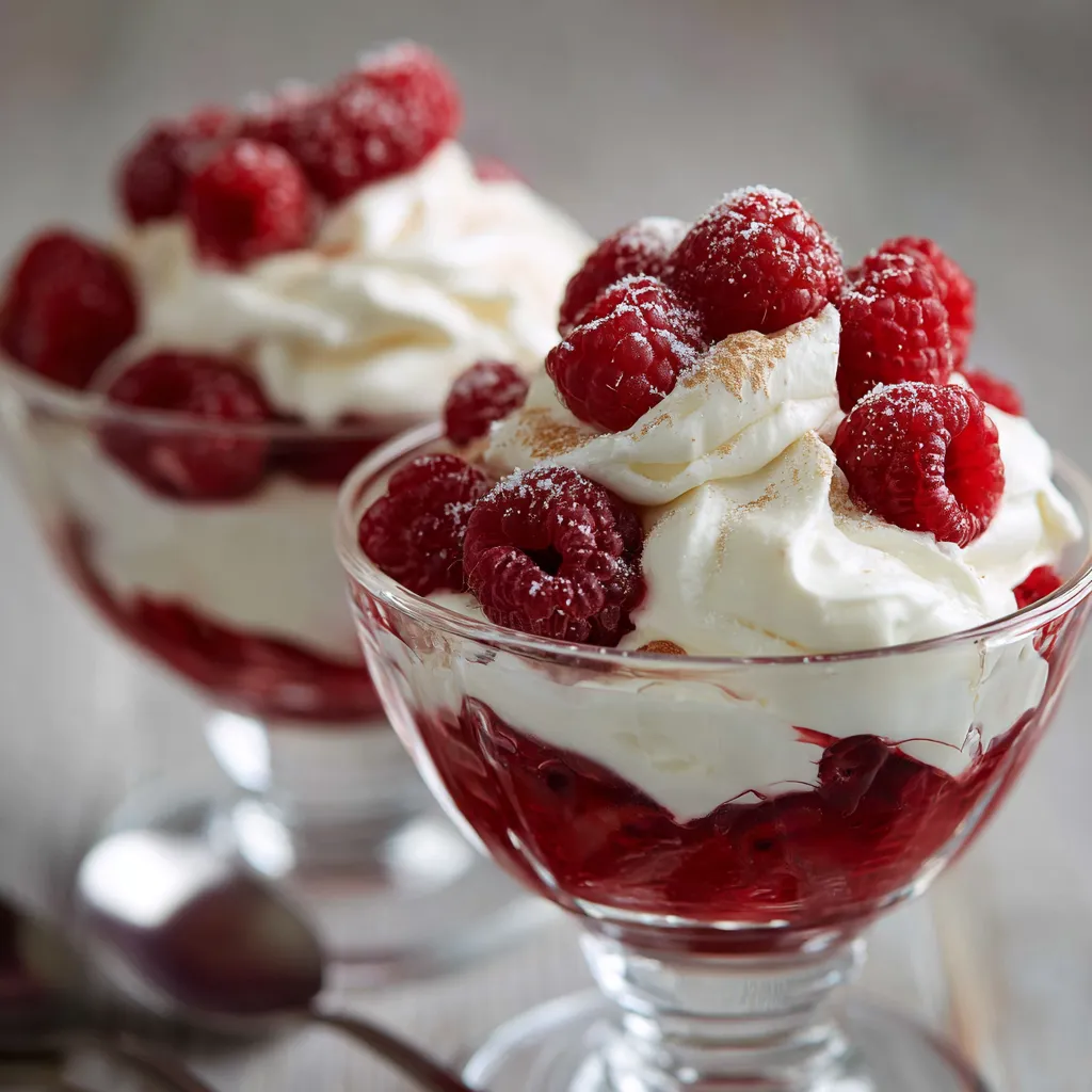 Verrine de framboises fraîches, crème mascarpone et éclats de meringue, servie dans un verre transparent.