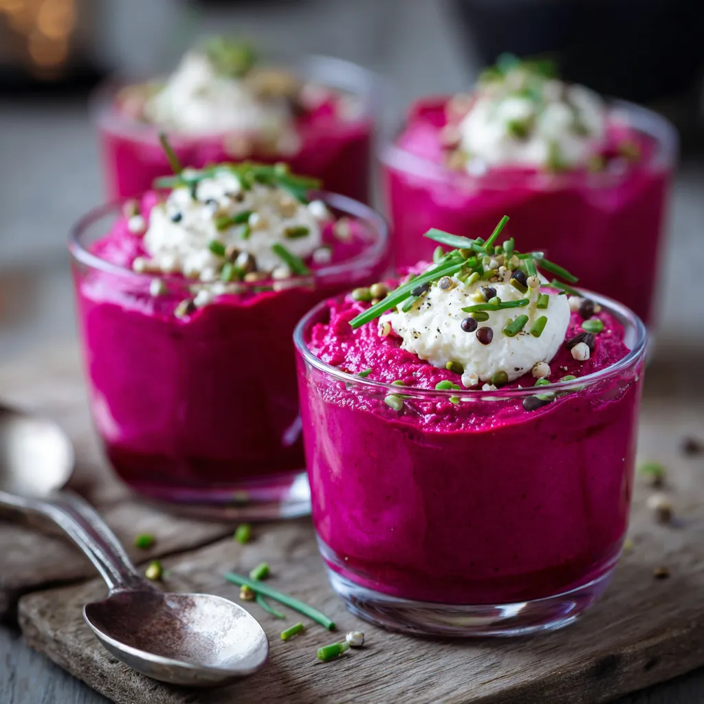 Verrine de mousse rose à la betterave et feta servie dans un petit verre transparent.