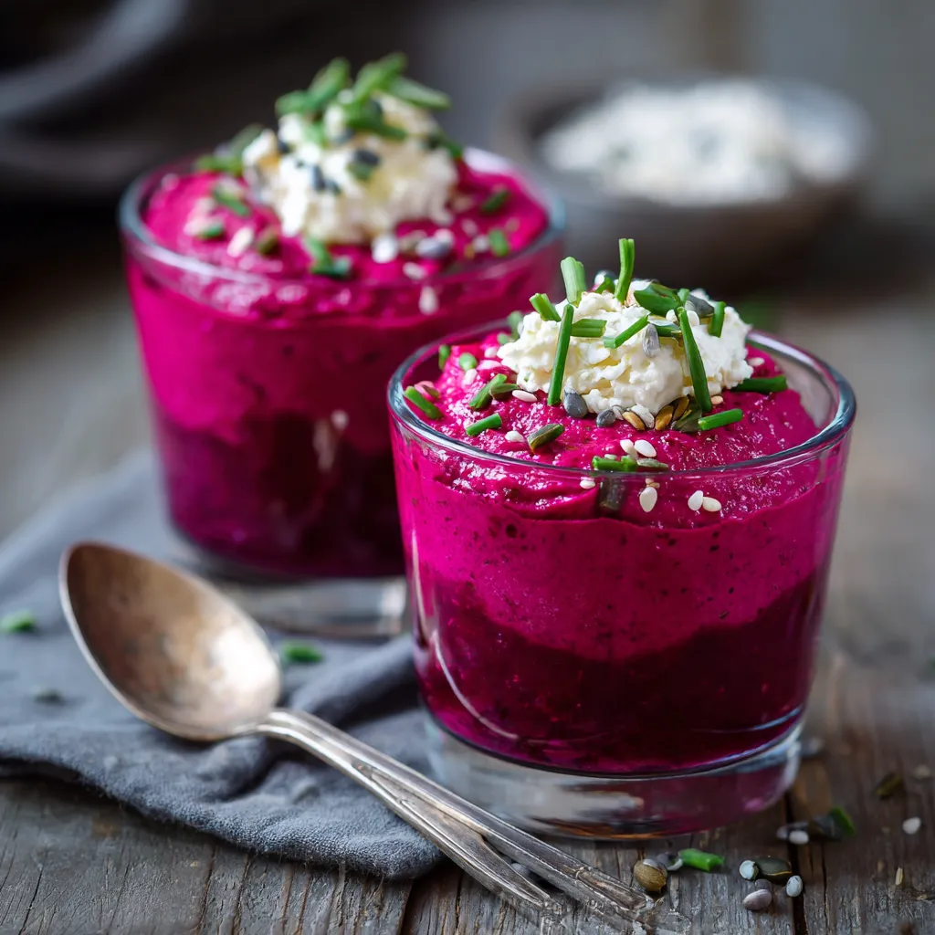 Verrine de mousse rose à la betterave et feta servie dans un petit verre transparent.