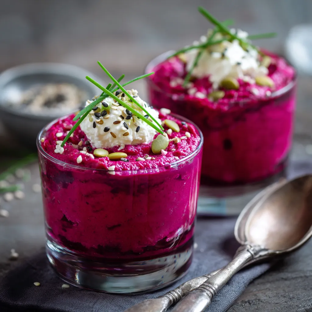 Verrine de mousse rose à la betterave et feta servie dans un petit verre transparent.