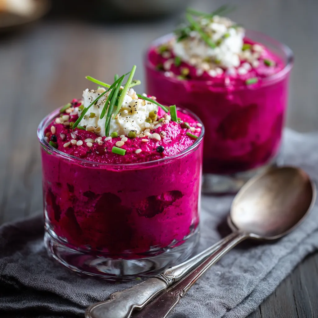 Verrine de mousse rose à la betterave et feta servie dans un petit verre transparent.