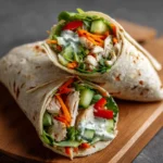 Wrap au poulet rôti, crudités colorées et sauce yaourt maison roulé dans une tortilla