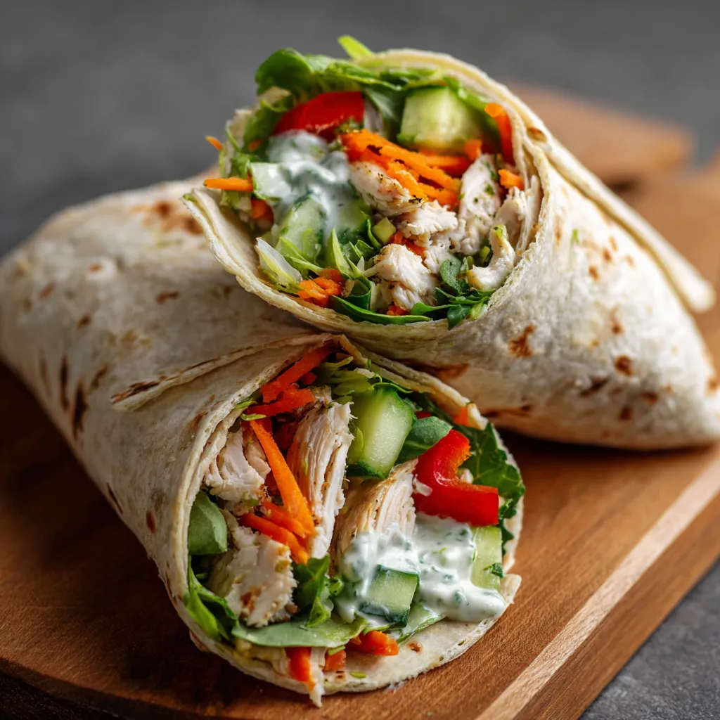 Wrap au poulet rôti, crudités colorées et sauce yaourt maison roulé dans une tortilla
