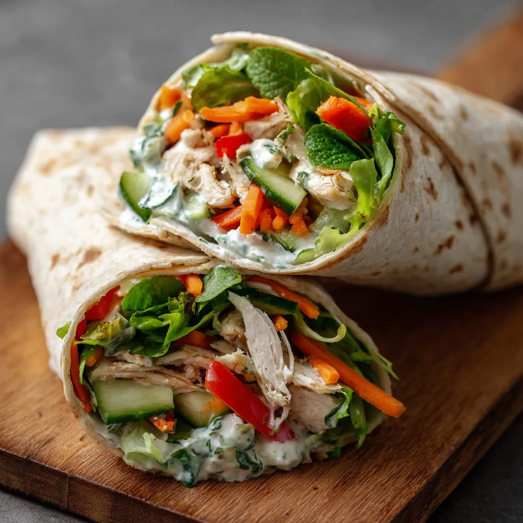 Wrap au poulet rôti, crudités colorées et sauce yaourt maison roulé dans une tortilla