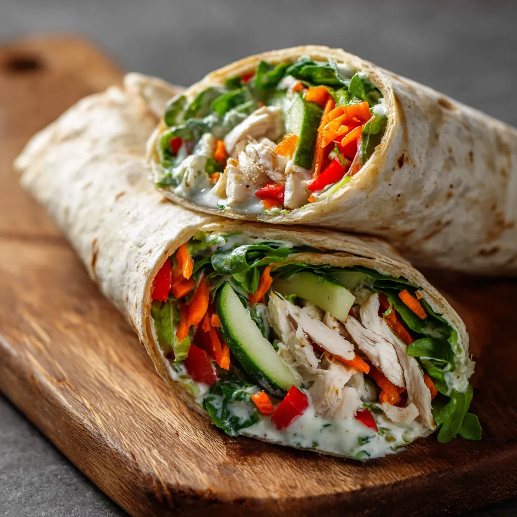 Wrap au poulet rôti, crudités colorées et sauce yaourt maison roulé dans une tortilla