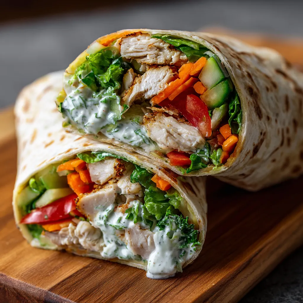 Wrap au poulet rôti, crudités colorées et sauce yaourt maison roulé dans une tortilla