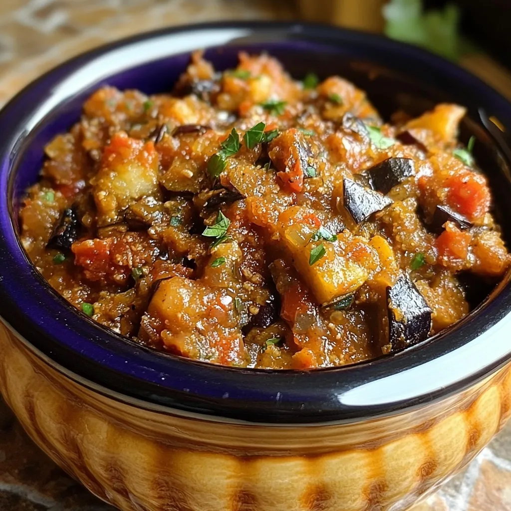 Zaalouk marocain servi dans une assiette en terre cuite avec pain marocain