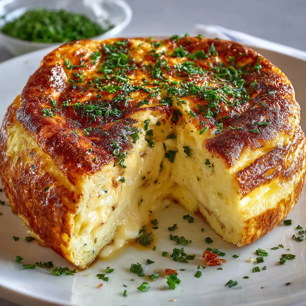Omelette soufflée au fromage dorée et gonflée, fraîchement sortie du four dans un moule à cake.