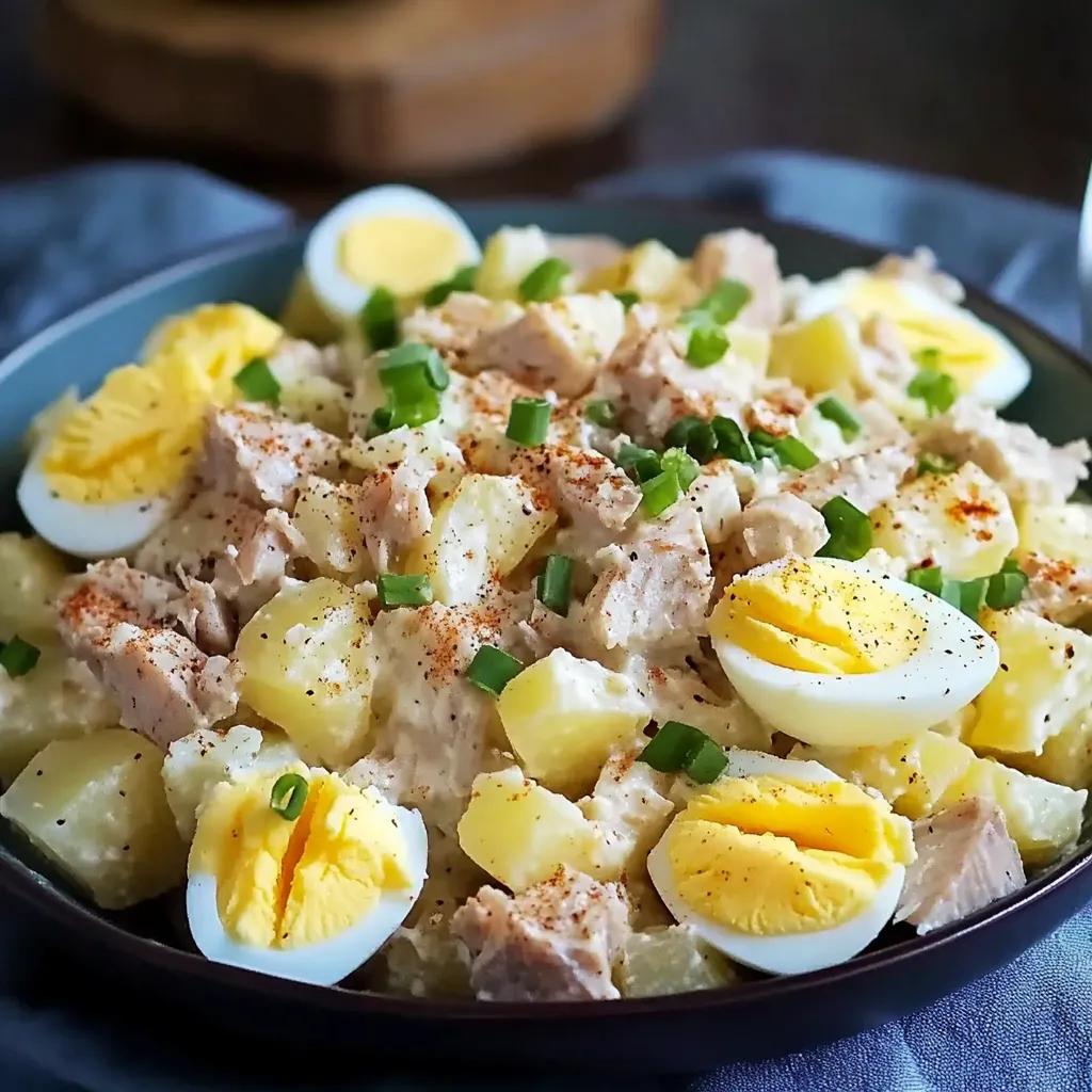 Salade de pommes de terre au thon avec œufs durs et oignons rouges dans un saladier