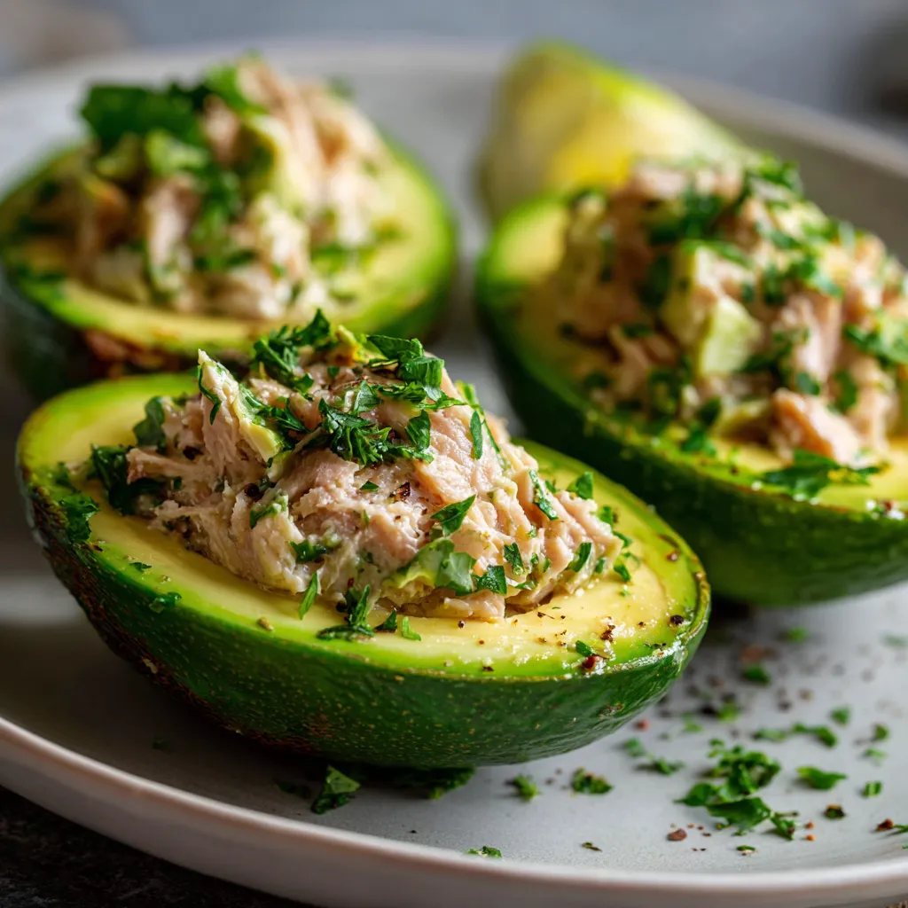 Avocats farcis au thon servis sur une assiette avec salade verte