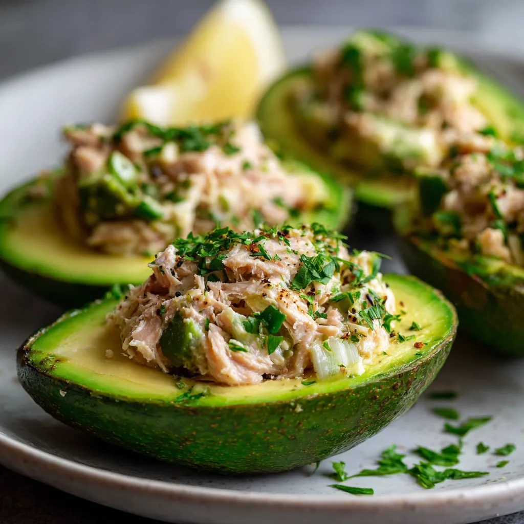Avocats farcis au thon servis sur une assiette avec salade verte