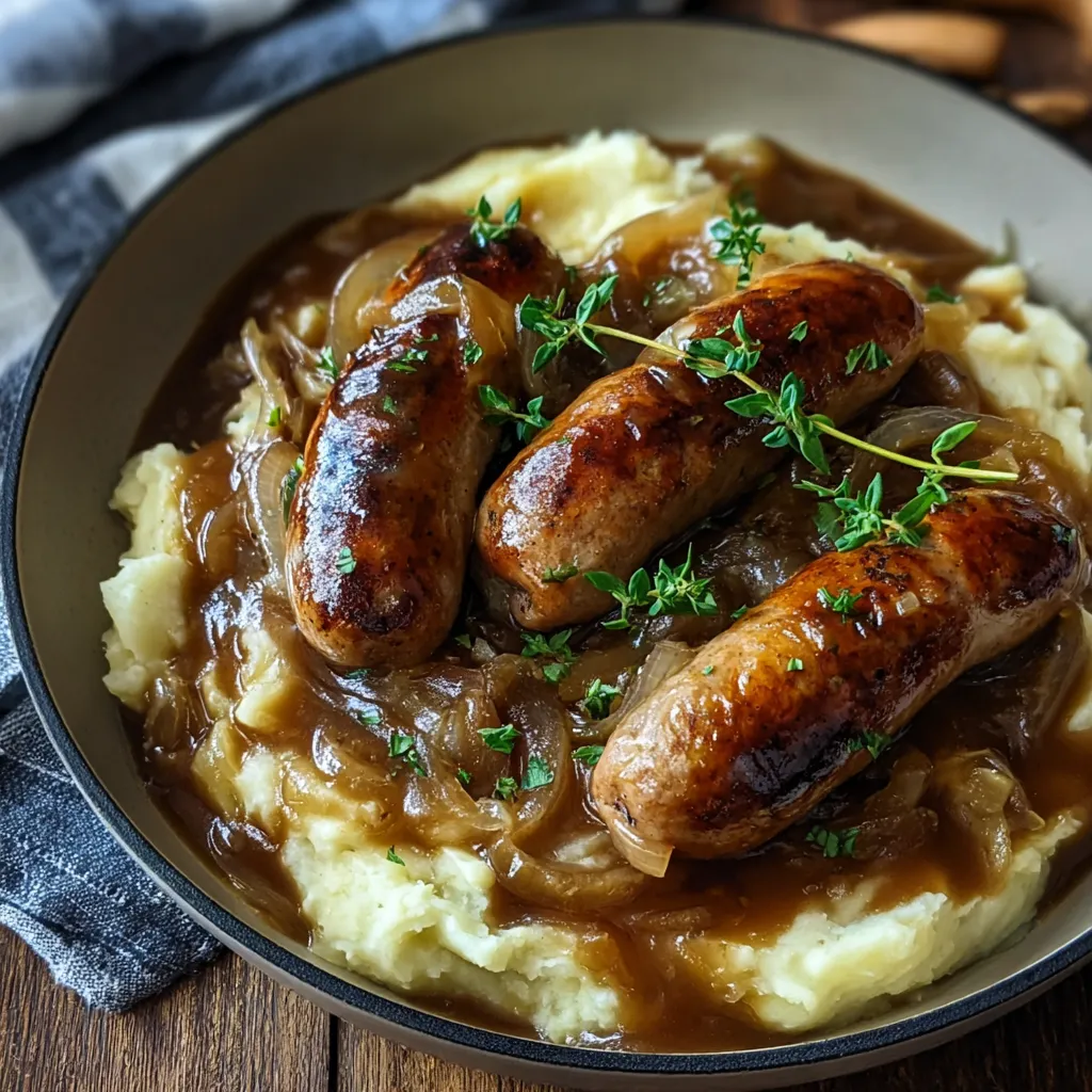 Bangers and Mash avec Sauce à la Bière et Oignons servi dans une assiette
